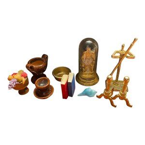 Miniature Dollhouse Accessories Gold Clock‎ +Glass Dome pottery fireplace tools